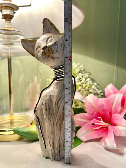 White & Gold Cat Figurine with Coil Neck Detail 9.5"