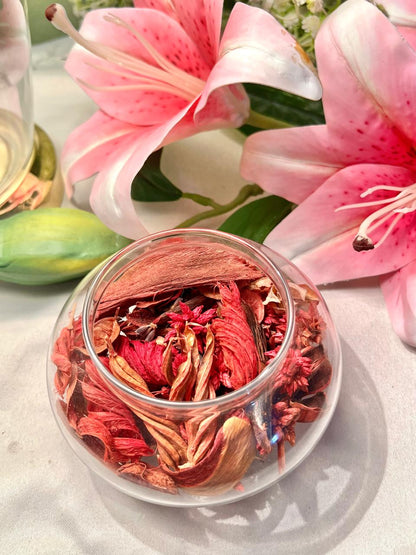 Clear Crystal Potpourri Bowl with Red Botanicals 3.5"