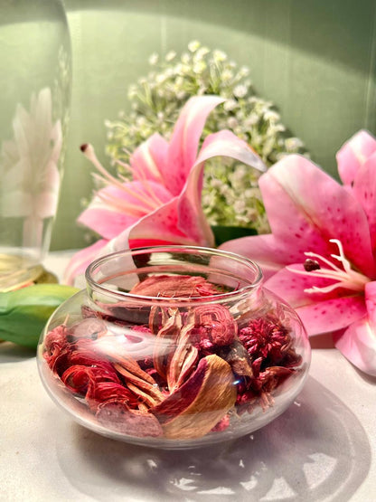 Clear Crystal Potpourri Bowl with Red Botanicals 3.5"
