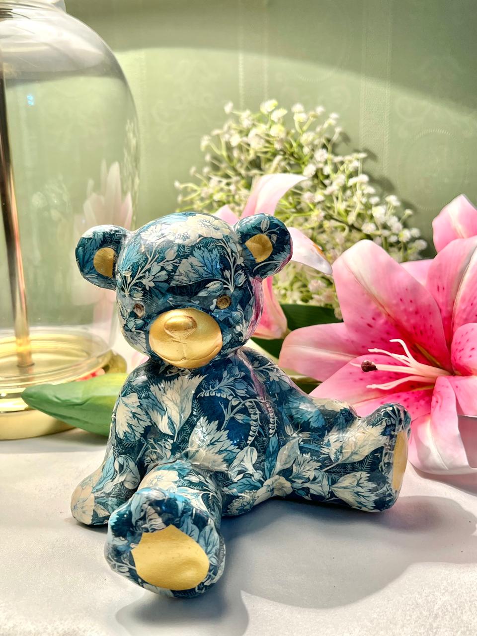 Vintage Blue Floral Teddy Bear Figurine Approx. 14 cm