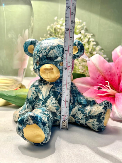 Vintage Blue Floral Teddy Bear Figurine Approx. 14 cm