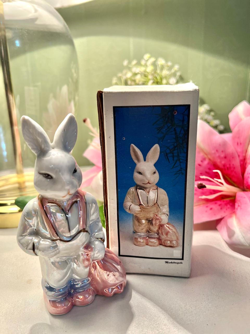 Vintage Rabbit Figurine Pearlescent Pink & White Approx. 12 cm