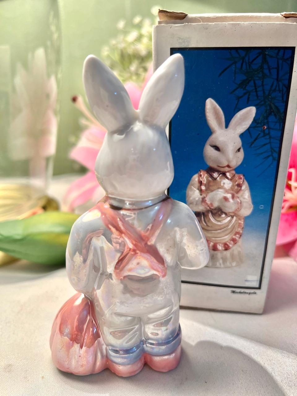 Vintage Rabbit Figurine Pearlescent Pink & White Approx. 12 cm