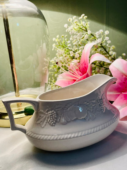 White Fruit Embossed Ceramic Gravy Boat 7"