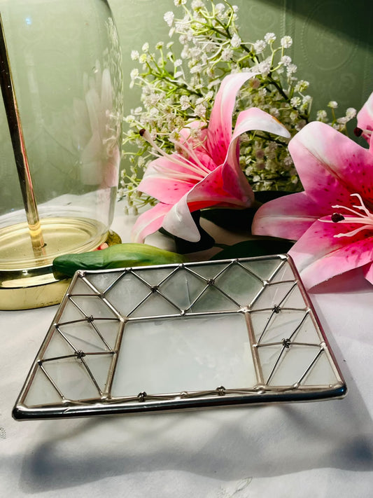 Square Crystal Serving Tray with Silver-Toned Frame 6"