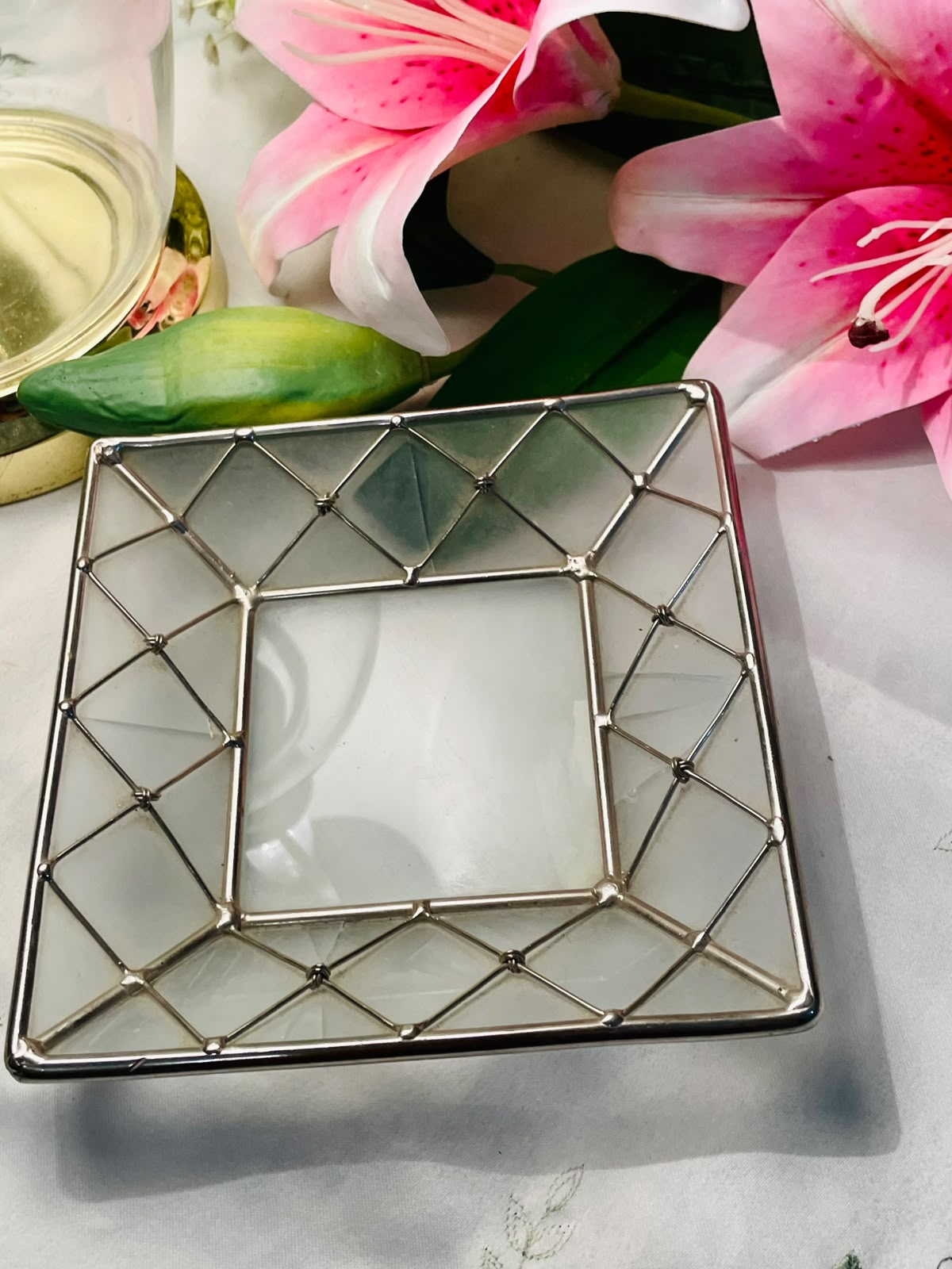 Square Crystal Serving Tray with Silver-Toned Frame 6"