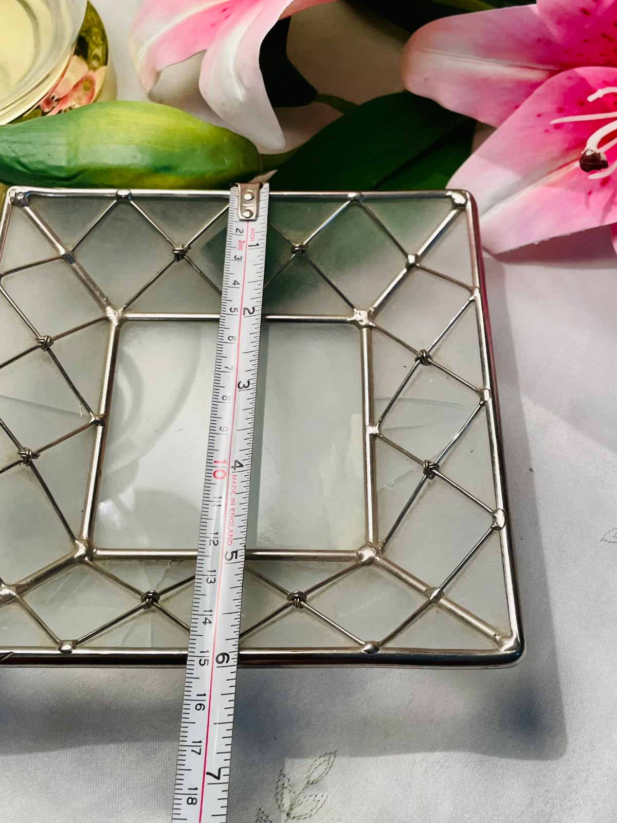 Square Crystal Serving Tray with Silver-Toned Frame 6"