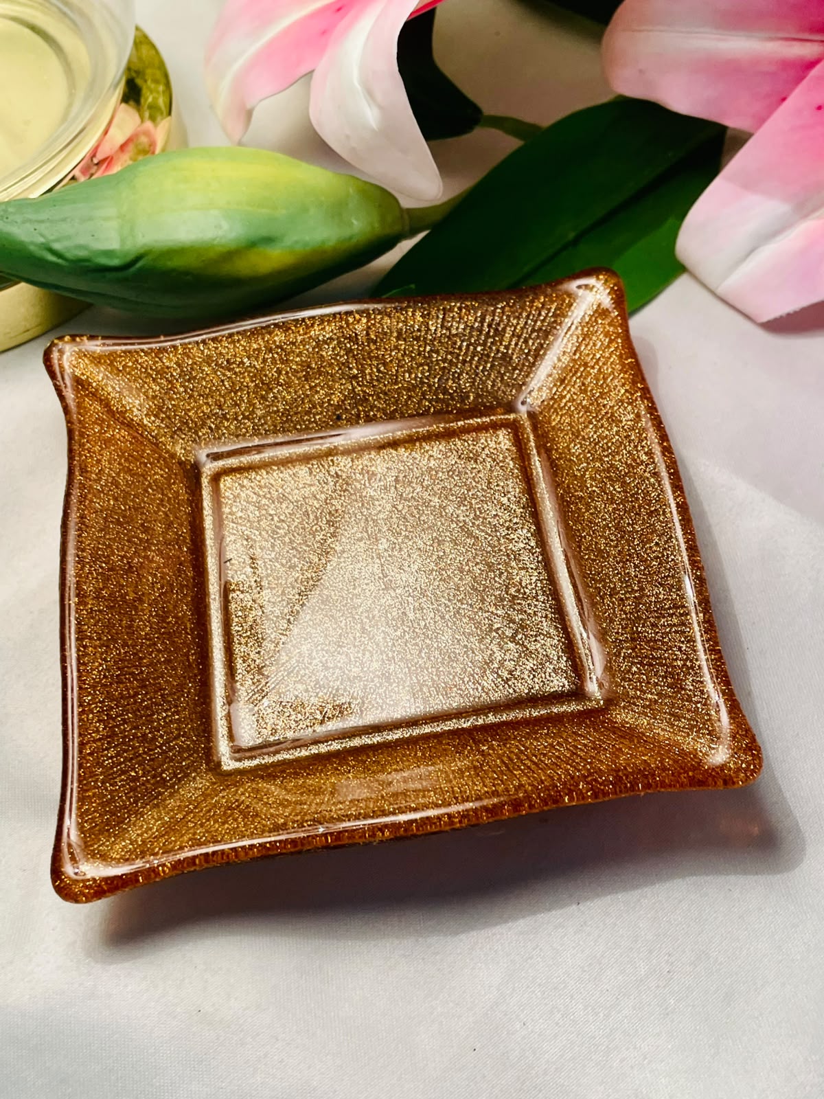 Gold Textured Crystal Square Decorative Dish 5"