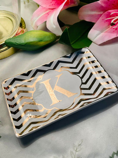 Black & Gold Chevron Monogram K Ceramic Tray 7"