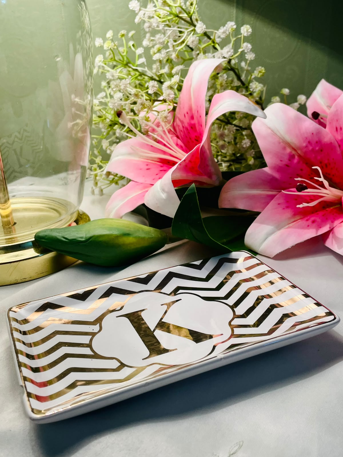 Black & Gold Chevron Monogram K Ceramic Tray 7"
