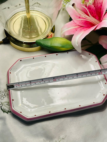 White Ceramic Serving Tray with Pink Border 8"