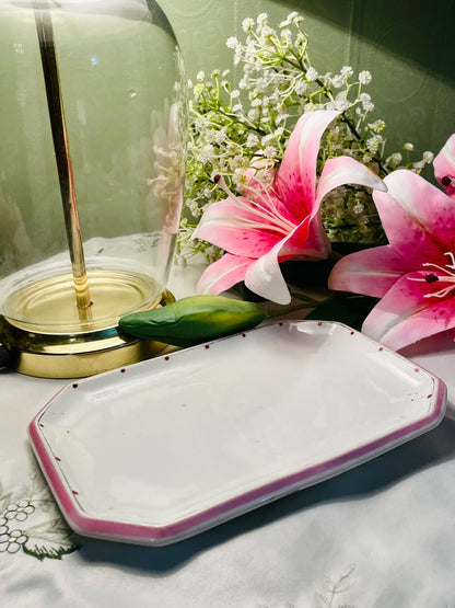 White Ceramic Serving Tray with Pink Border 8"