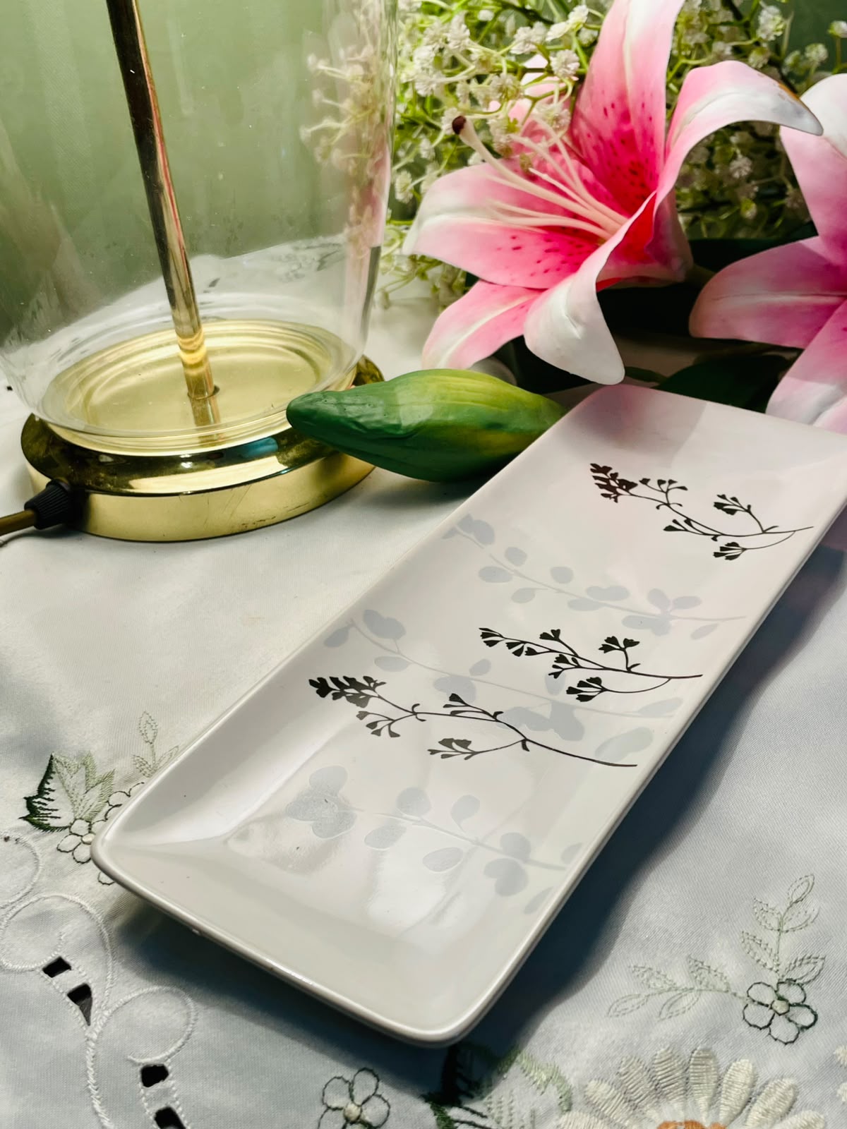 White Botanical Ceramic Serving Tray 10"