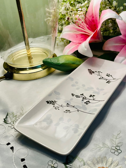 White Botanical Ceramic Serving Tray 10"