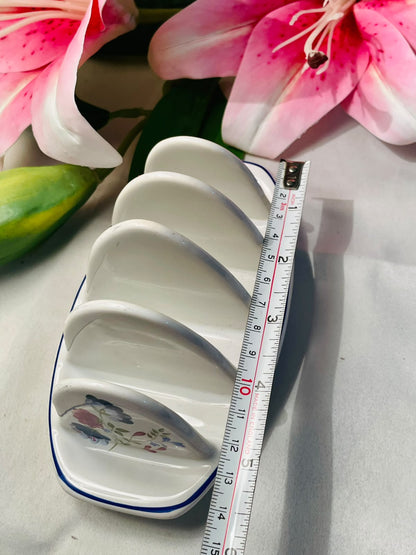 White Floral Ceramic Toast Rack with Blue Trim 5.5"
