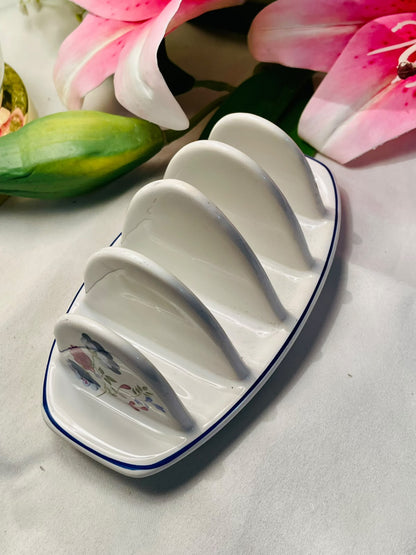 White Floral Ceramic Toast Rack with Blue Trim 5.5"