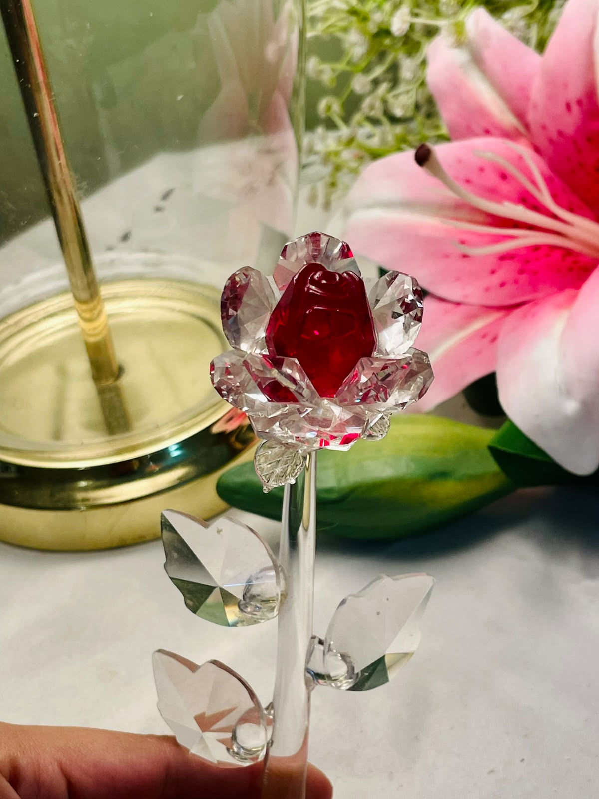 Clear Crystal Rose Figurine with Red Centre 6"