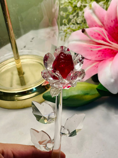 Clear Crystal Rose Figurine with Red Centre 6"