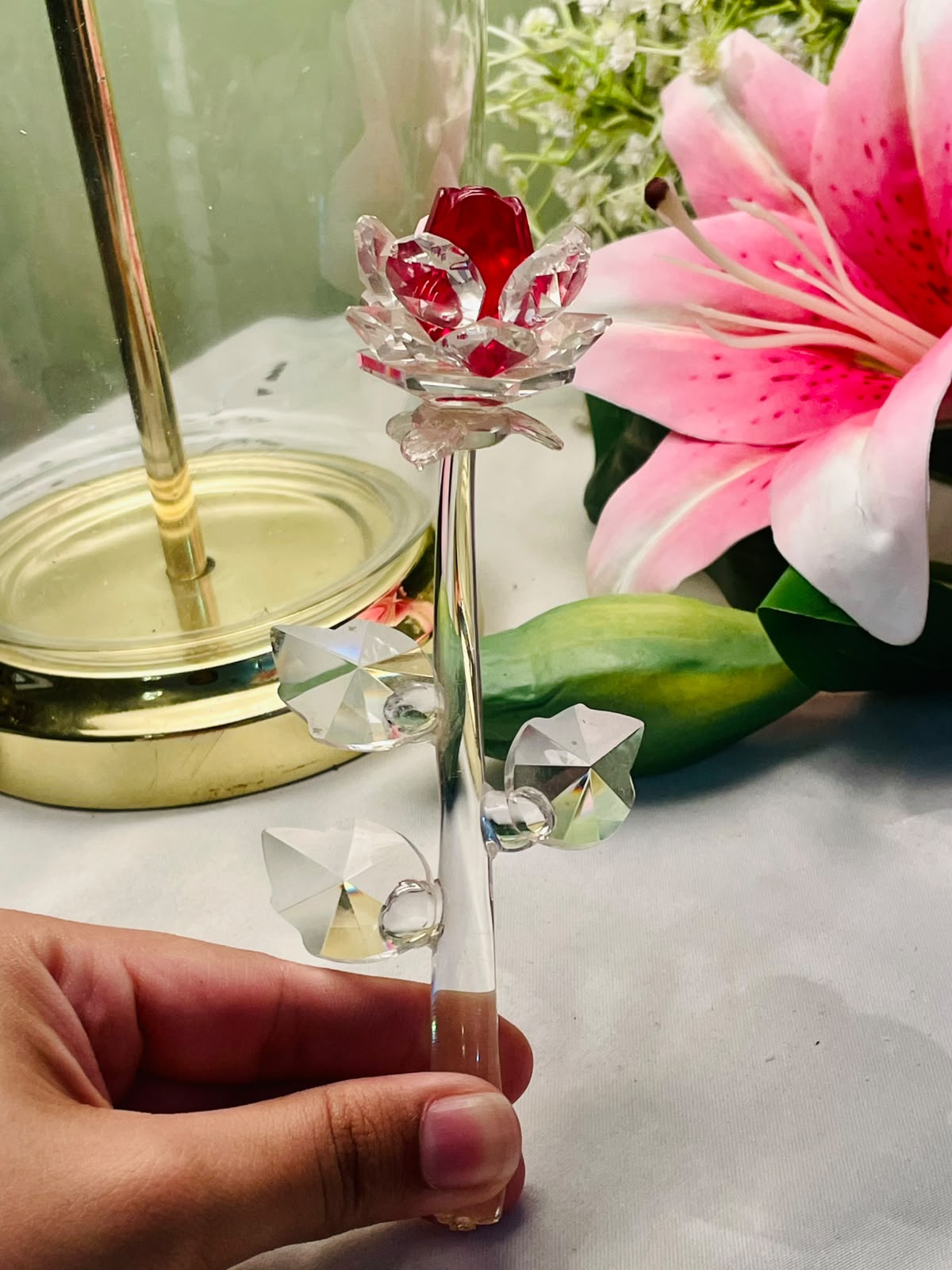 Clear Crystal Rose Figurine with Red Centre 6"