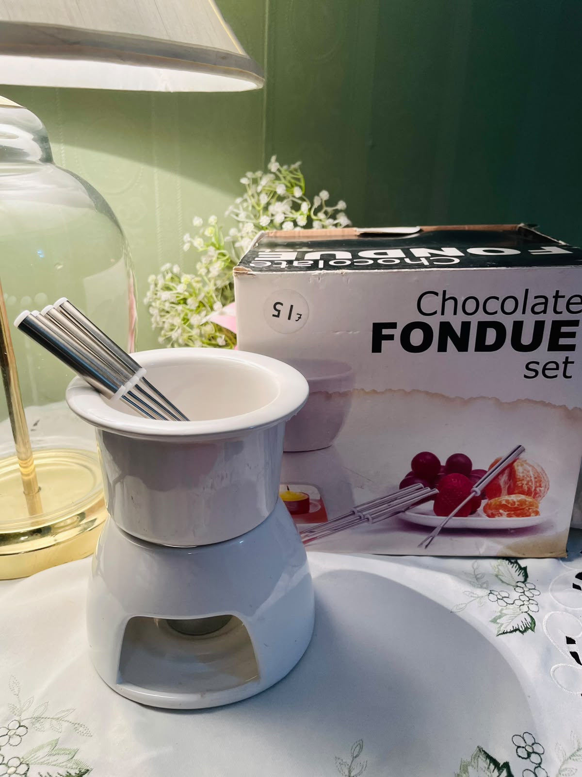 White Ceramic Chocolate Fondue Tabletop Warmer Set, Approx. 5.5 in