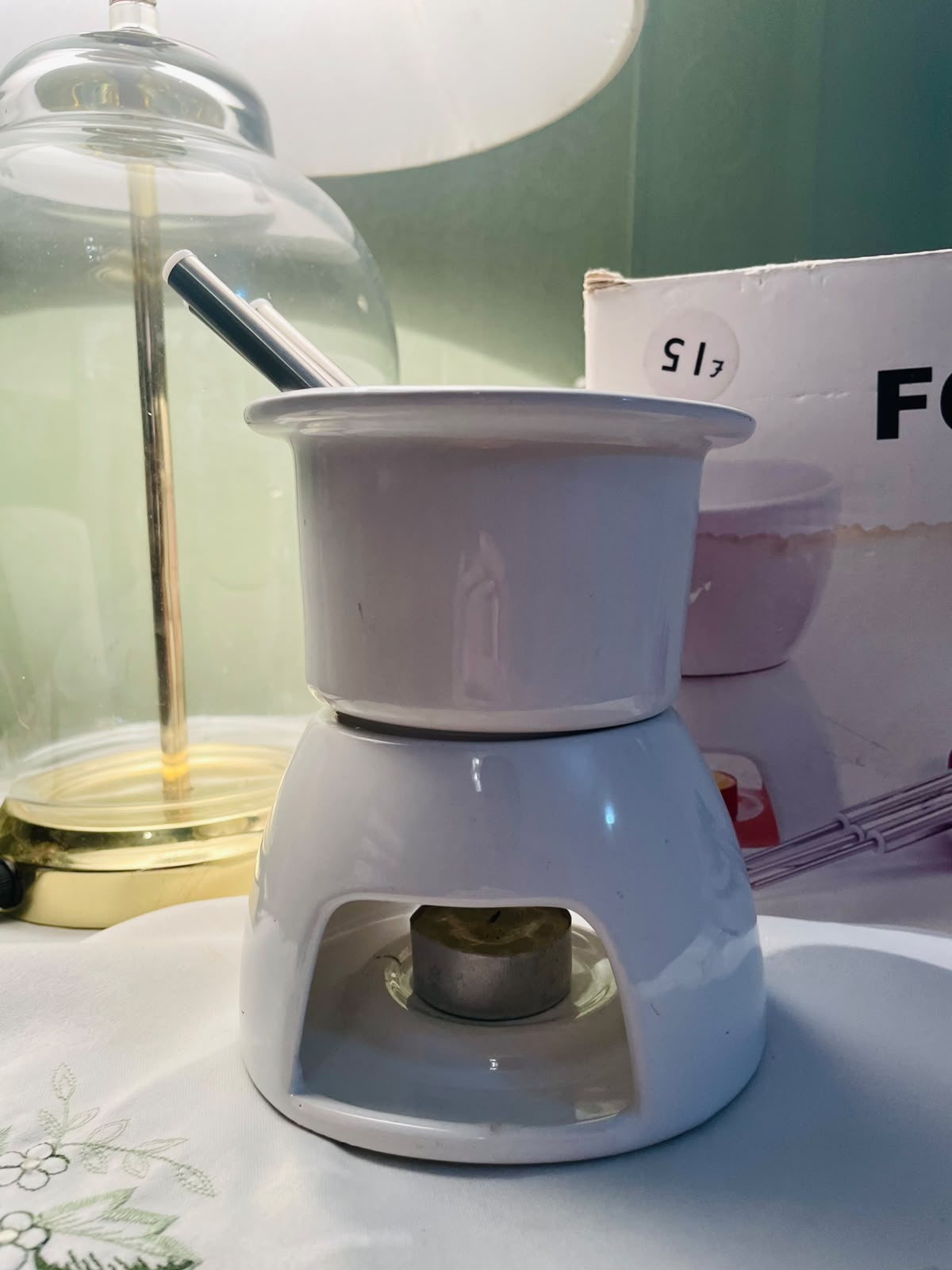 White Ceramic Chocolate Fondue Tabletop Warmer Set, Approx. 5.5 in