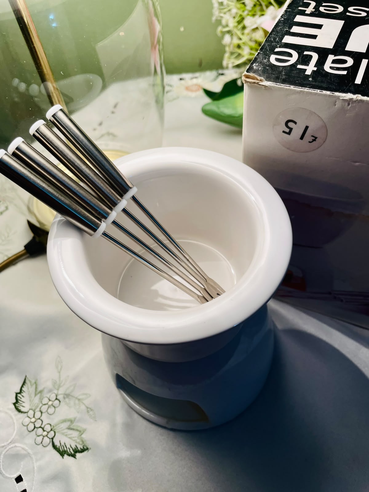 White Ceramic Chocolate Fondue Tabletop Warmer Set, Approx. 5.5 in