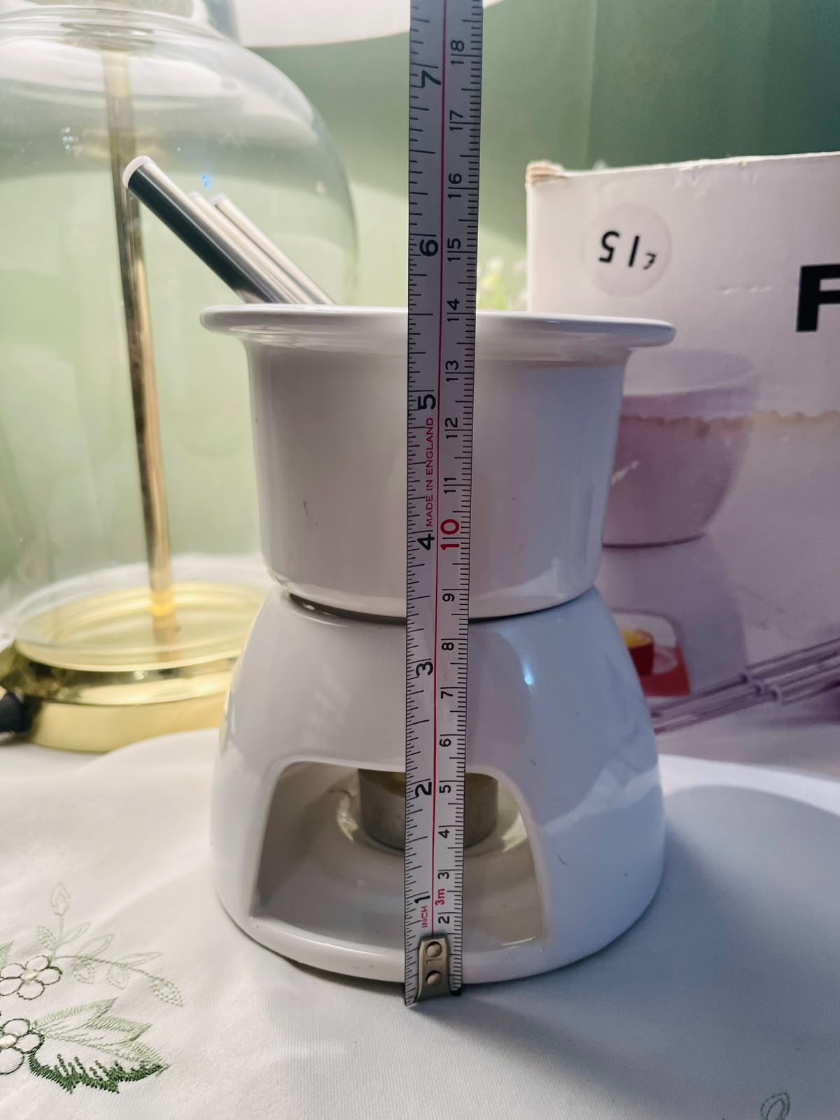 White Ceramic Chocolate Fondue Tabletop Warmer Set, Approx. 5.5 in