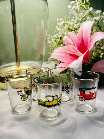 Vintage Classic Car Crystal Short Glass Set of 5, Approx. 3 in