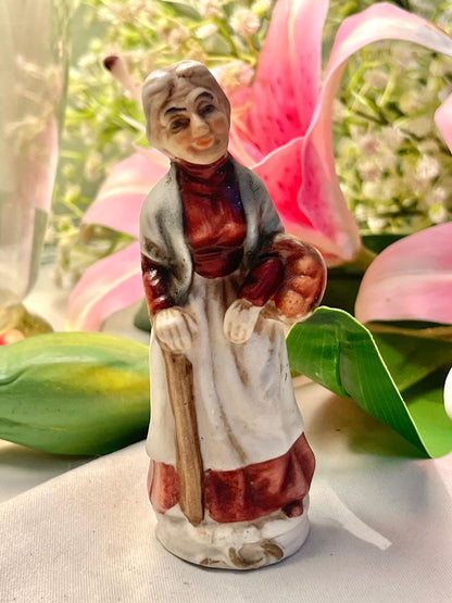 Vintage Lady with Walking Stick Figurine, Approx. 4 in