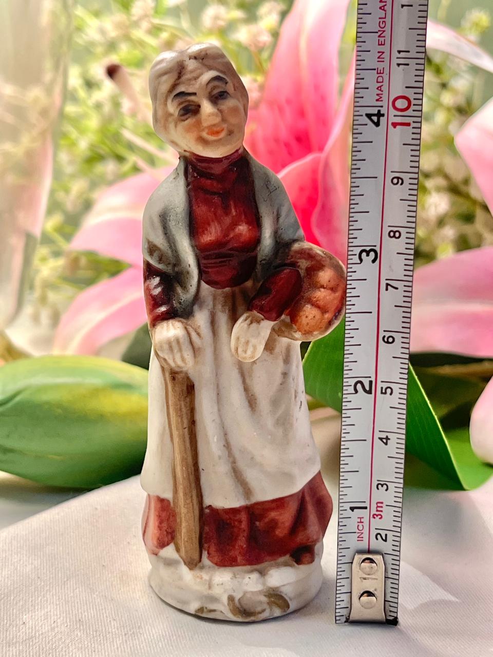 Vintage Lady with Walking Stick Figurine, Approx. 4 in