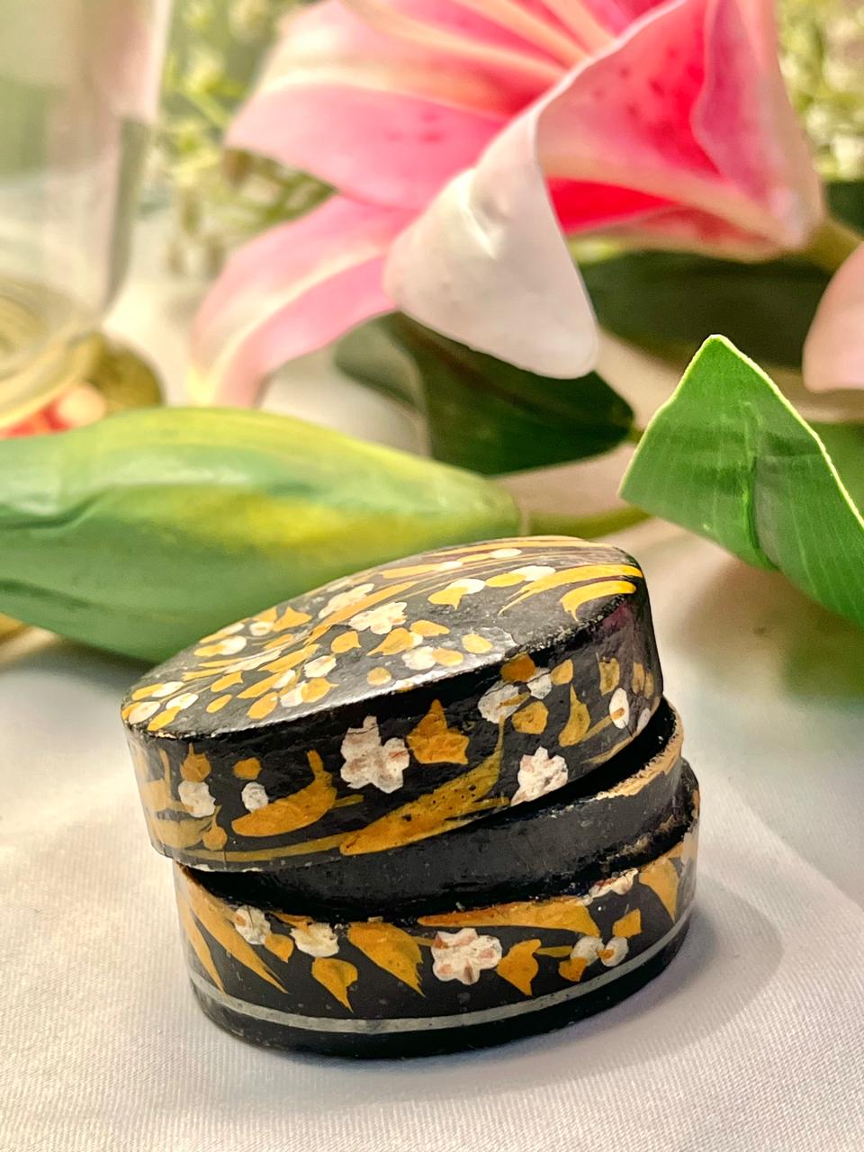 Vintage Black Floral Trinket Box with Lid, Approx. 2 in