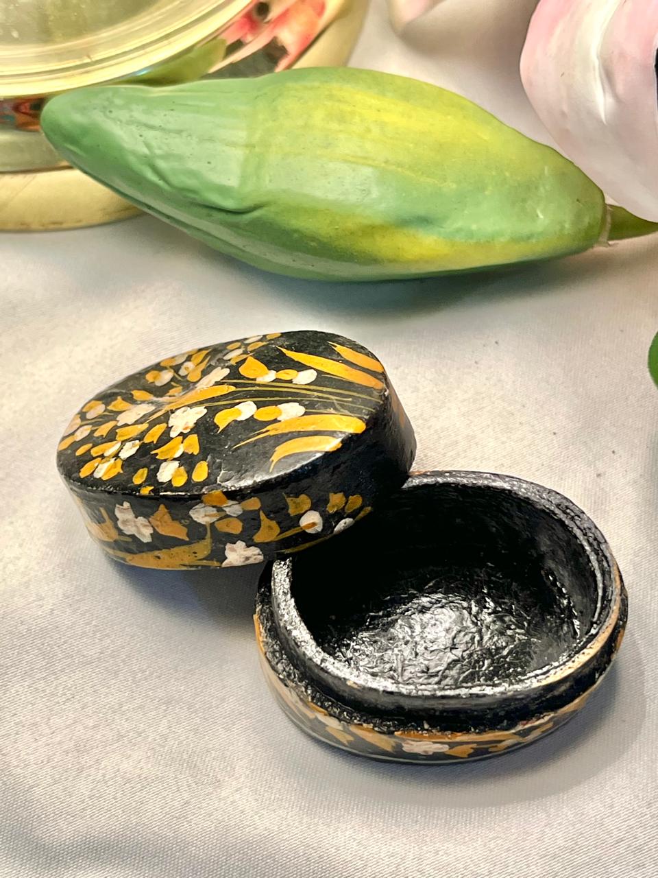Vintage Black Floral Trinket Box with Lid, Approx. 2 in