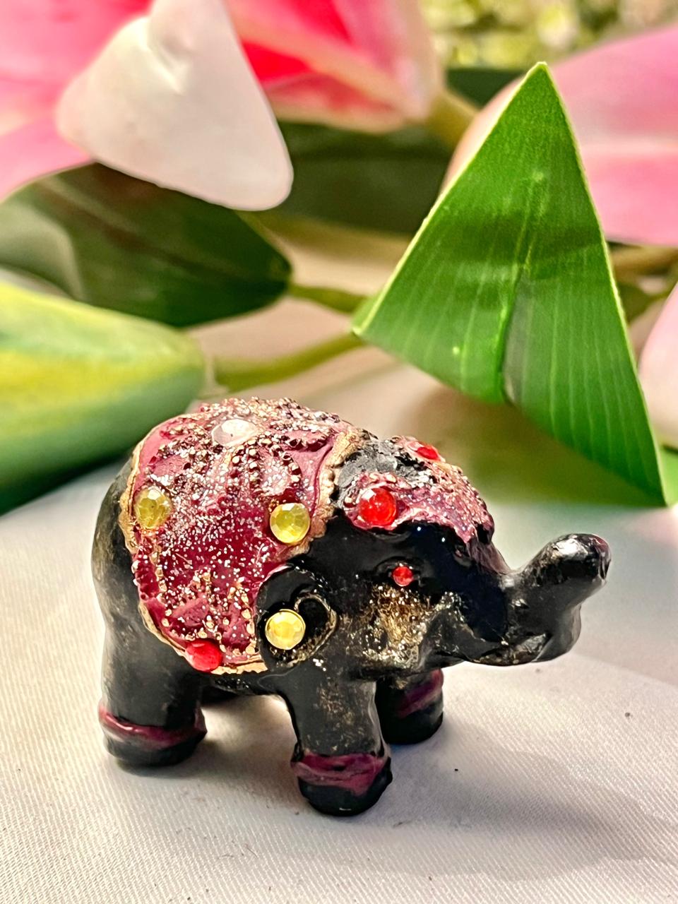 Vintage Black Elephant Figurine with Jewelled Detail, Approx. 2 in