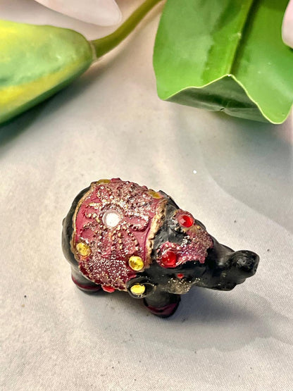 Vintage Black Elephant Figurine with Jewelled Detail, Approx. 2 in