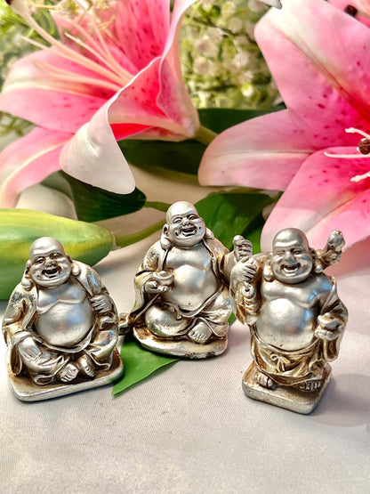 Vintage Silver-Tone Laughing Buddha Figurines Set of 3