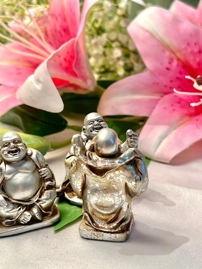 Vintage Silver-Tone Laughing Buddha Figurines Set of 3