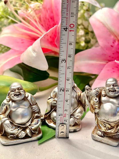Vintage Silver-Tone Laughing Buddha Figurines Set of 3