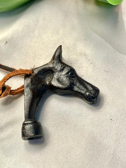 Vintage Black Horse Head Metal Ornament with Strap, Approx. 3 in