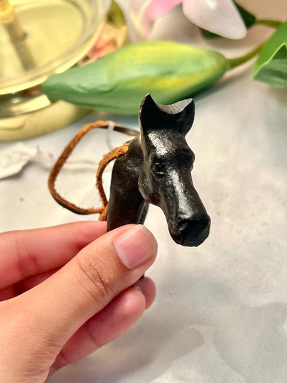 Vintage Black Horse Head Metal Ornament with Strap, Approx. 3 in