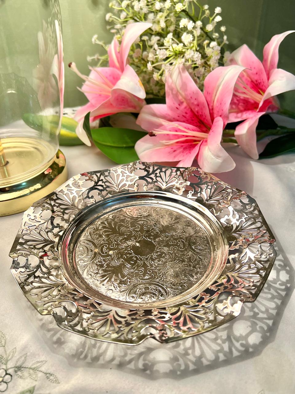 Silver-Tone Pierced Floral Serving Plate 1 Pc 8 in