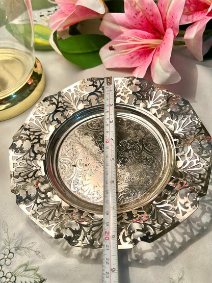 Silver-Tone Pierced Floral Serving Plate 1 Pc 8 in