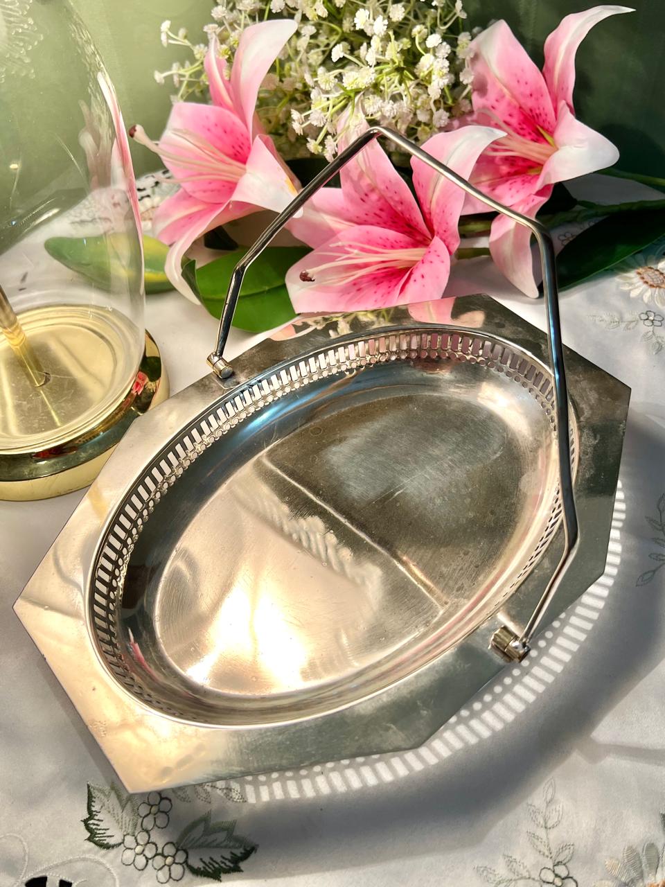 Silver-Tone Oval Serving Basket with Handles 1 Pc 11 in