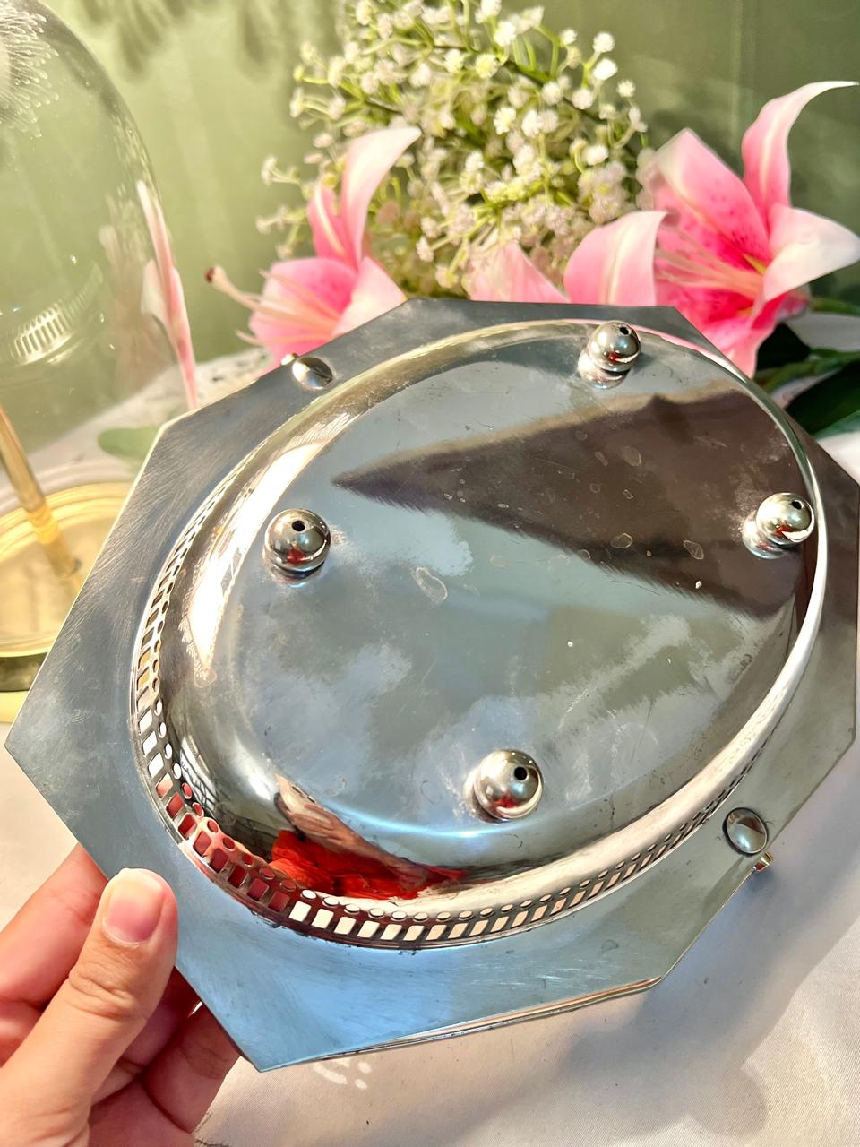 Silver-Tone Oval Serving Basket with Handles 1 Pc 11 in