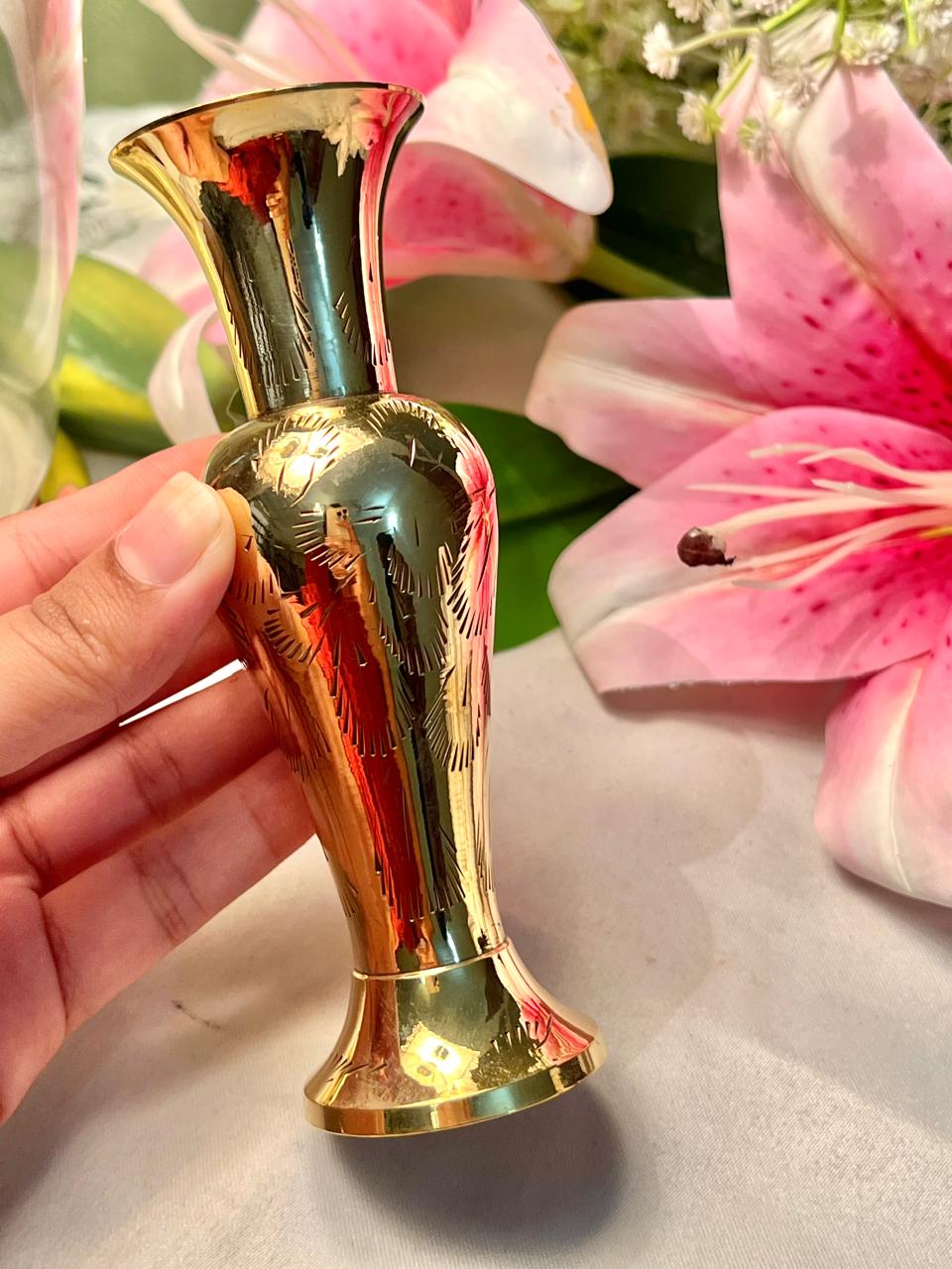 Vintage Brass Etched Vase, Approx. 5.5 in