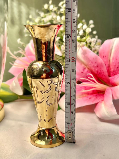 Vintage Brass Etched Vase, Approx. 5.5 in