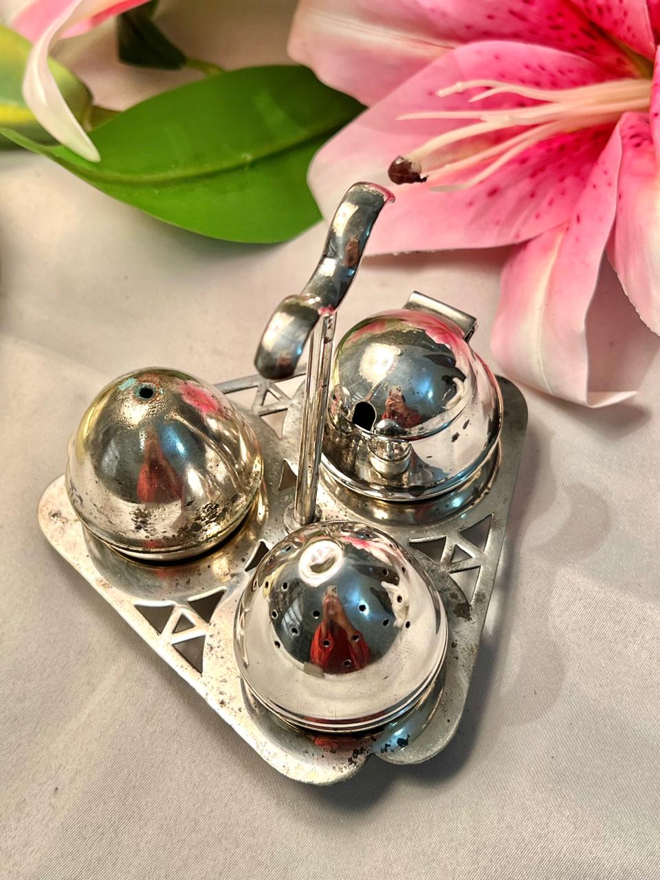 Vintage Queen Anne Condiment Shaker Set on Tray, Approx. 4.5 in