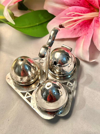 Vintage Queen Anne Condiment Shaker Set on Tray, Approx. 4.5 in