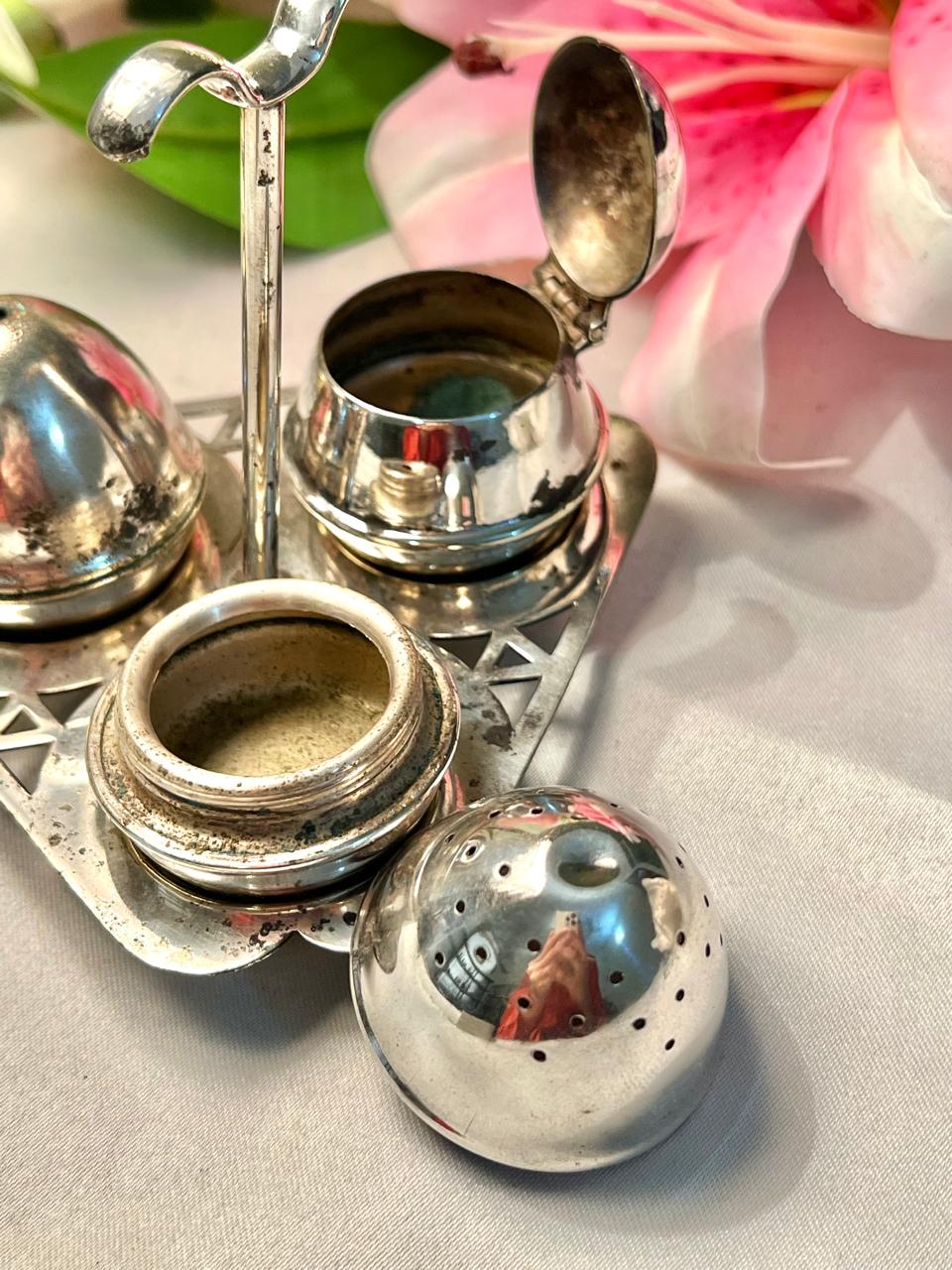 Vintage Queen Anne Condiment Shaker Set on Tray, Approx. 4.5 in