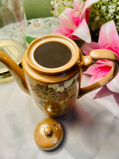 Vintage Brown Floral Teapot with Lid, Approx. 6.5 in