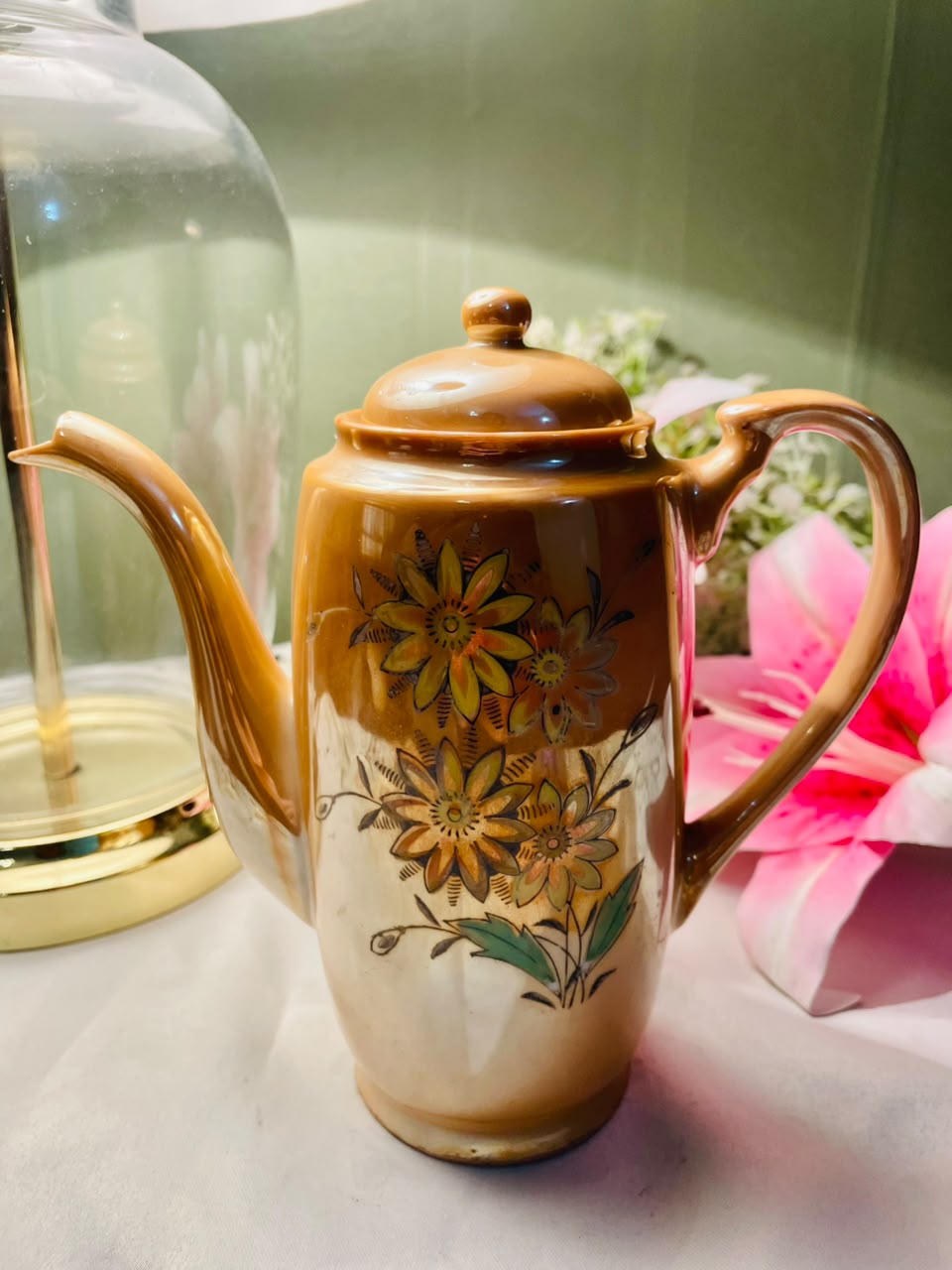 Vintage Brown Floral Teapot with Lid, Approx. 6.5 in